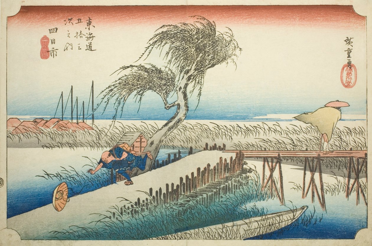 Yokkaichi: Mie River (Yokkaichi, Miegawa), ze série "Padesát tři stanic Tokaida (Tokaido gojusan tsugi no uchi)", také známé jako Hoeido Tokaido od Utagawa Hiroshige
