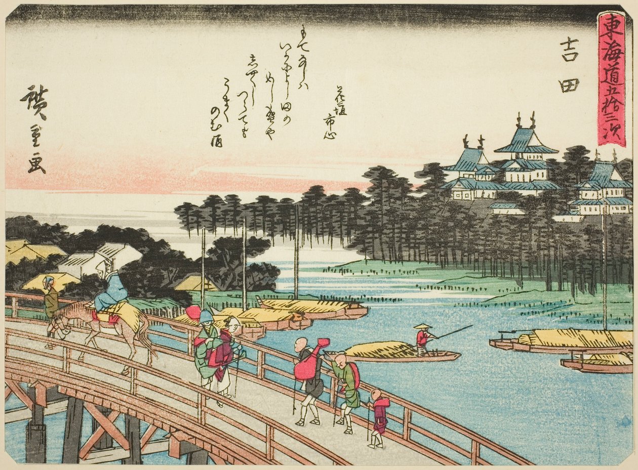 Yoshida, ze série "Padesát tři stanic Tokaida (Tokaido gojusan tsugi)," také známé jako Tokaido s básní (Kyoka iri Tokaido) od Utagawa Hiroshige