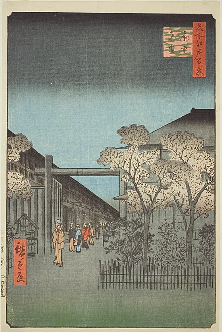 Licencované čtvrti Yoshiwara za úsvitu (Kakuchu shinonome), č. 38 ze série "Sto slavných pohledů na Edo (Meisho Edo hyakkei)" od Utagawa Hiroshige