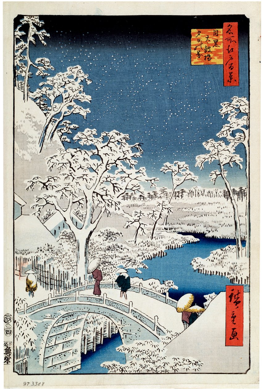 Yuhi Hill a Drum Bridge v Meguro Sto slavných pohledů na Edo, 1856-1858. od Utagawa Hiroshige