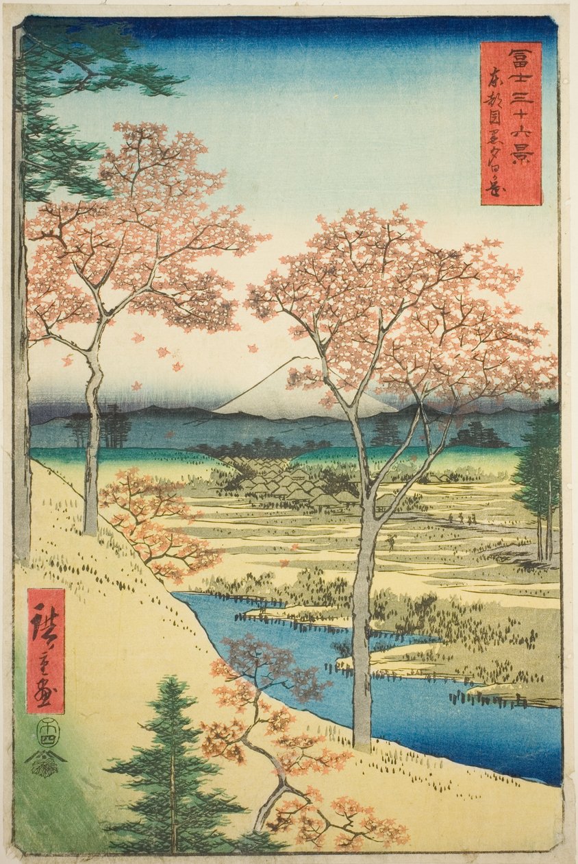 Yuhi Hill v Meguro ve východním hlavním městě (Toto Meguro Yuhigaoka), ze série „Třicet šest pohledů na horu Fuji (Fuji sanjurokkei)“ od Utagawa Hiroshige