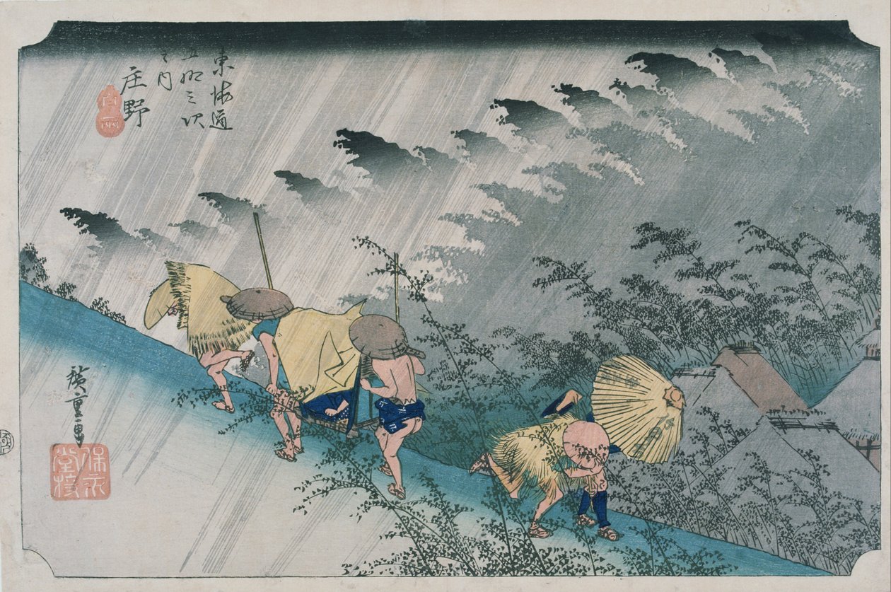 Z cyklu „Padesát tři zastávek na cestě Tōkaidō“ – Šono, „Bílý déšť“ (vydání Hōeidō) od Utagawa Hiroshige