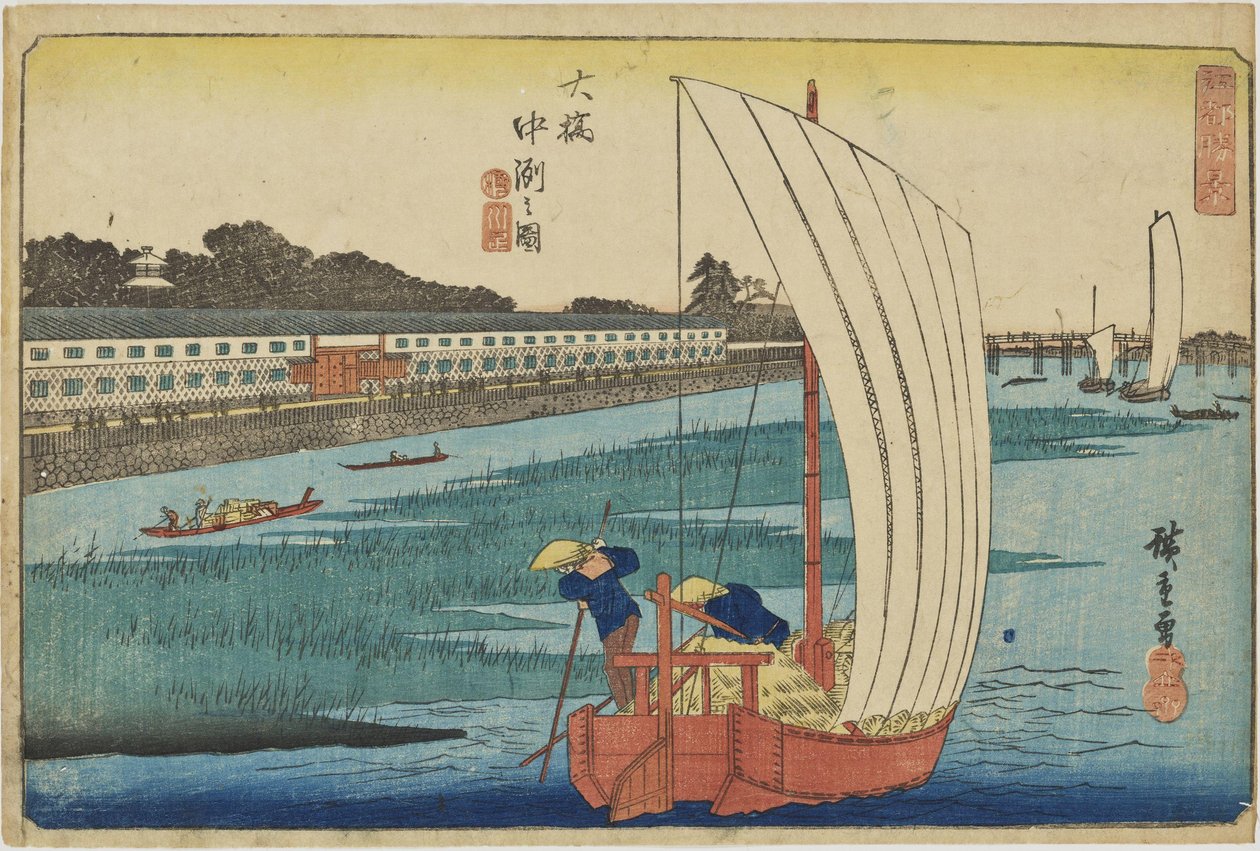 „Písečná mělčina u Ōhashi“ ze série „Nejkrásnější výhledy na Edo“ od Utagawa Hiroshige