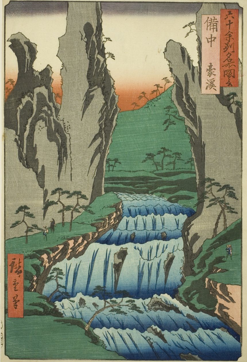 Provincie Bitchu: Gokei (Bitchu, Gokei), ze série "Slavná místa v šedesáti provinciích (Rokujuyoshu meisho zue)". od Utagawa Hiroshige III