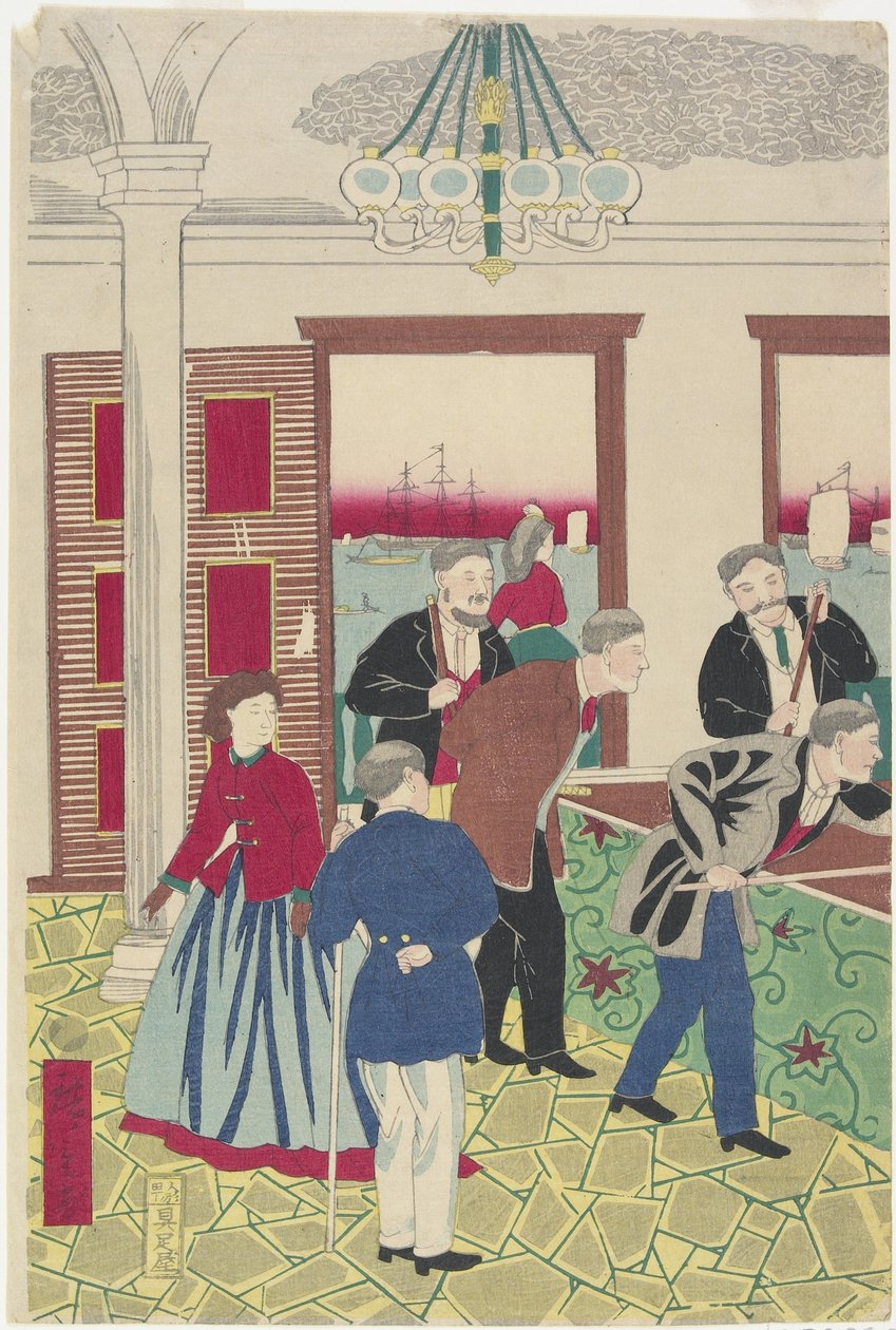 Cizinci v kulečníkové hře, konec 19. století od Utagawa Hiroshige III