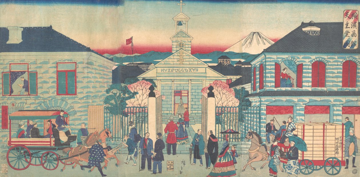 Ilustrace zahraničních rezidencí a katolické církve v Jokohamě Jokohama..., 10. měsíc, 1870. od Utagawa Hiroshige III