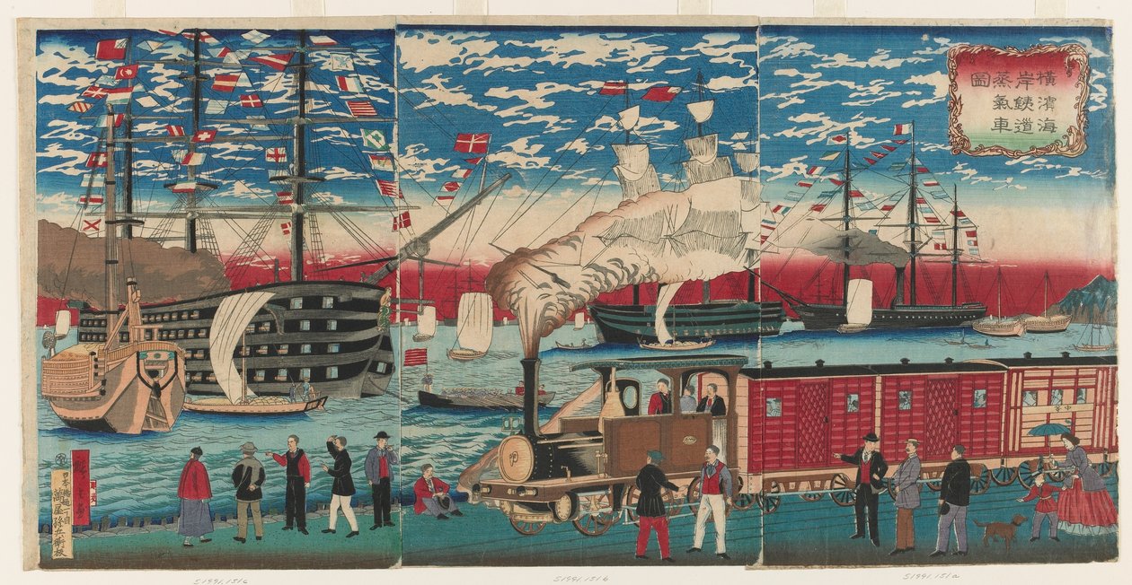 Obrázek lokomotivy podél nábřeží v Jokohamě, Jokohama, období Edo od Utagawa Hiroshige III
