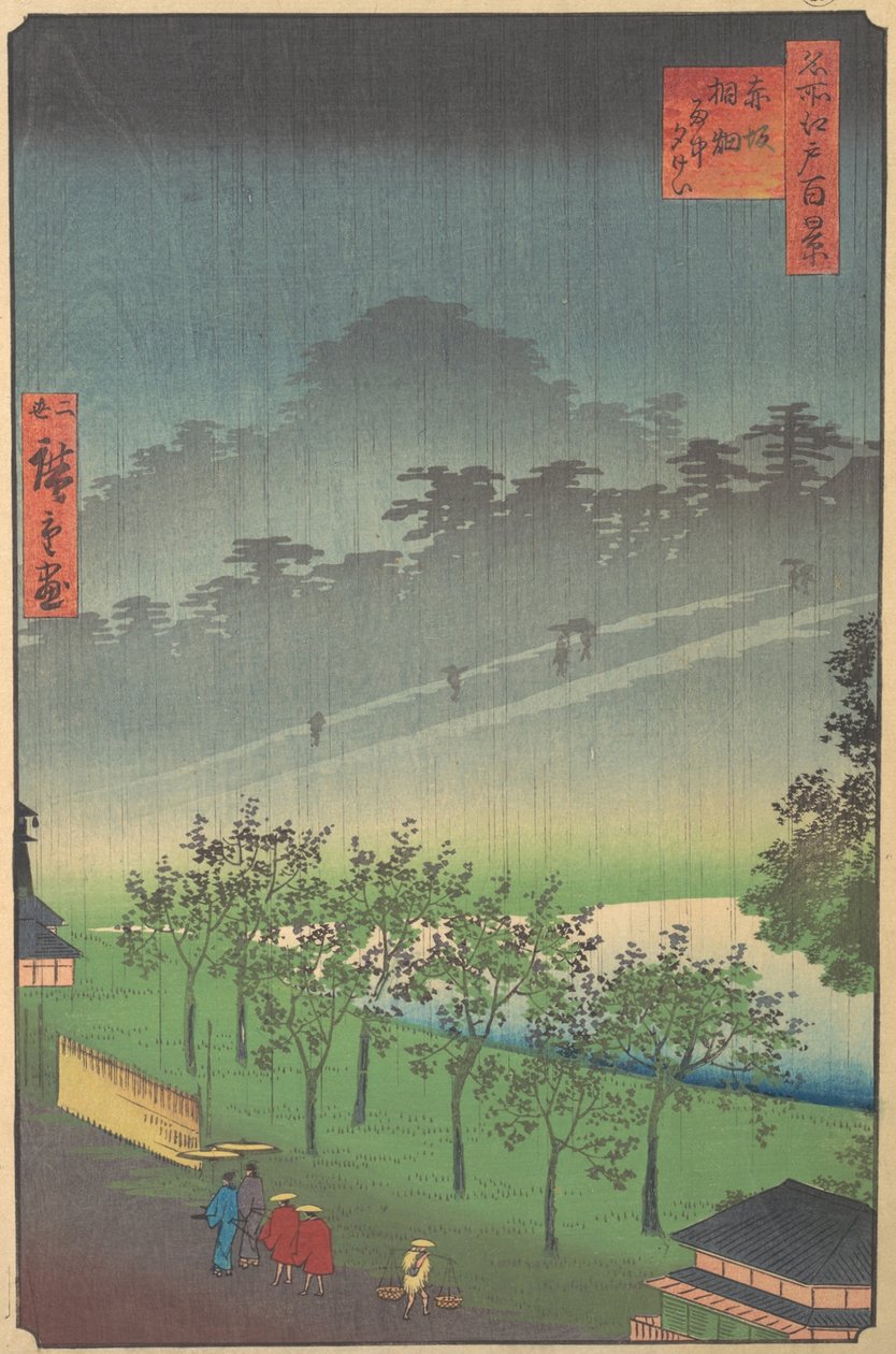 Večerní pohled na Kiribata v dešti v Akasace, 1859. od Utagawa Hiroshige II