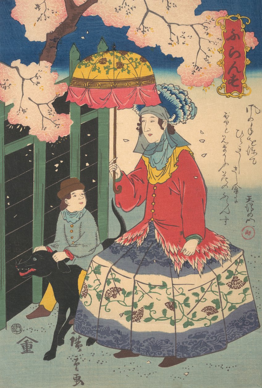 Francouzka, její dítě a pes, 10. měsíc, 1860. od Utagawa Hiroshige II