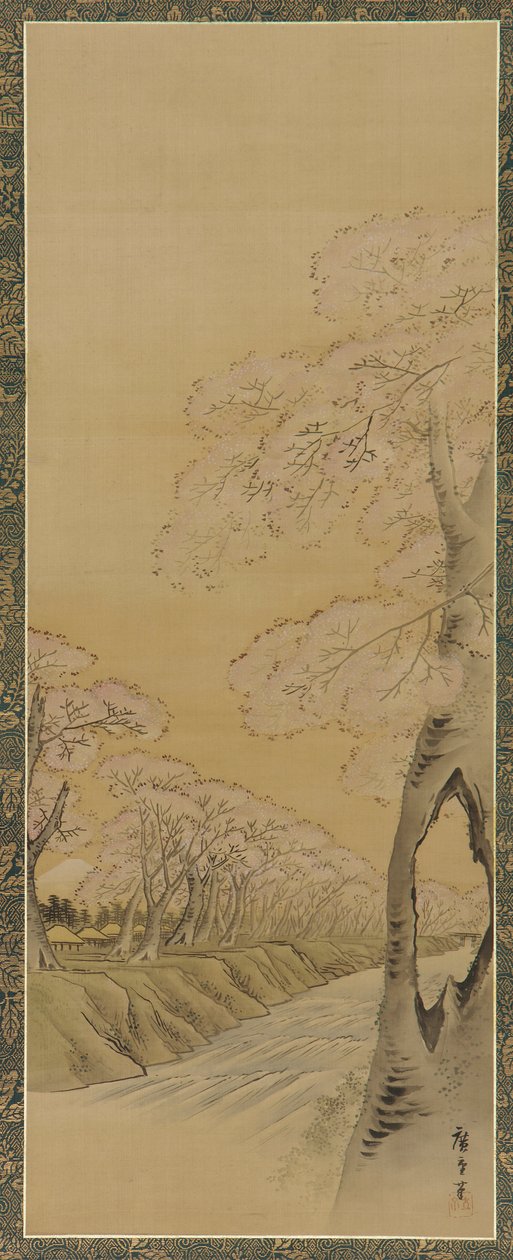 Krajina: kvetoucí třešně podél břehů potoka, období Edo, 1615-1868. od Utagawa Hiroshige II