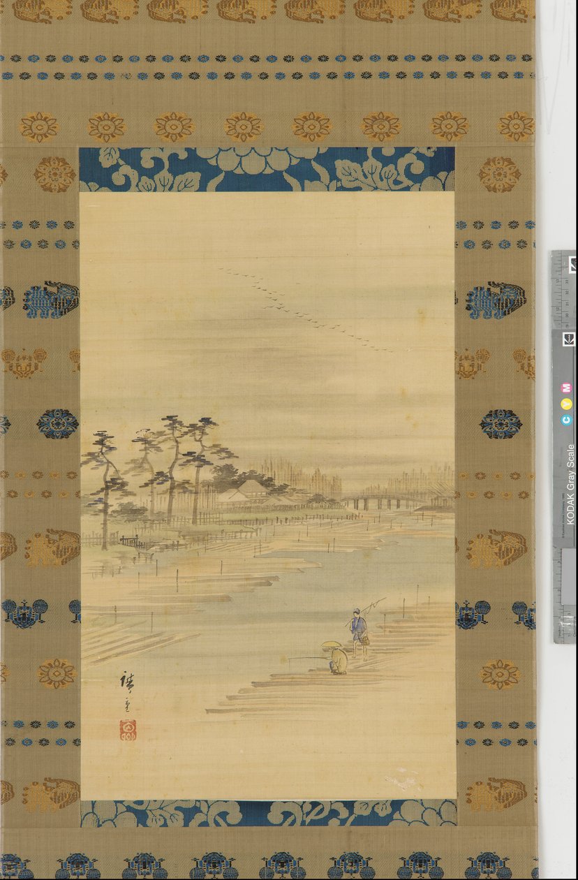 Říční krajina: sklady dřeva a vory, polovina 19. století. od Utagawa Hiroshige II