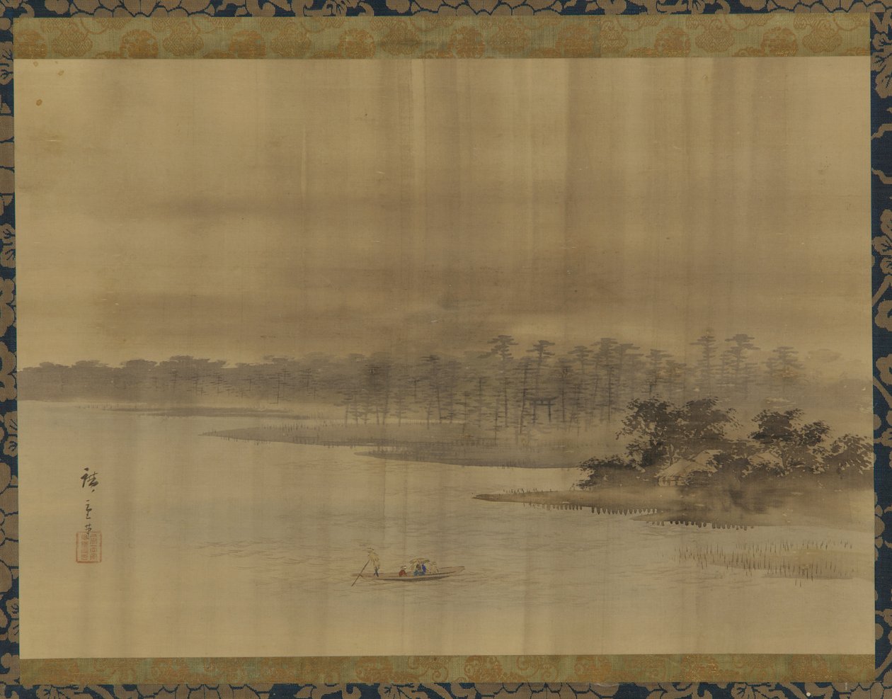 Říční krajina a chrám v dešti, období Edo, 19. století. od Utagawa Hiroshige II