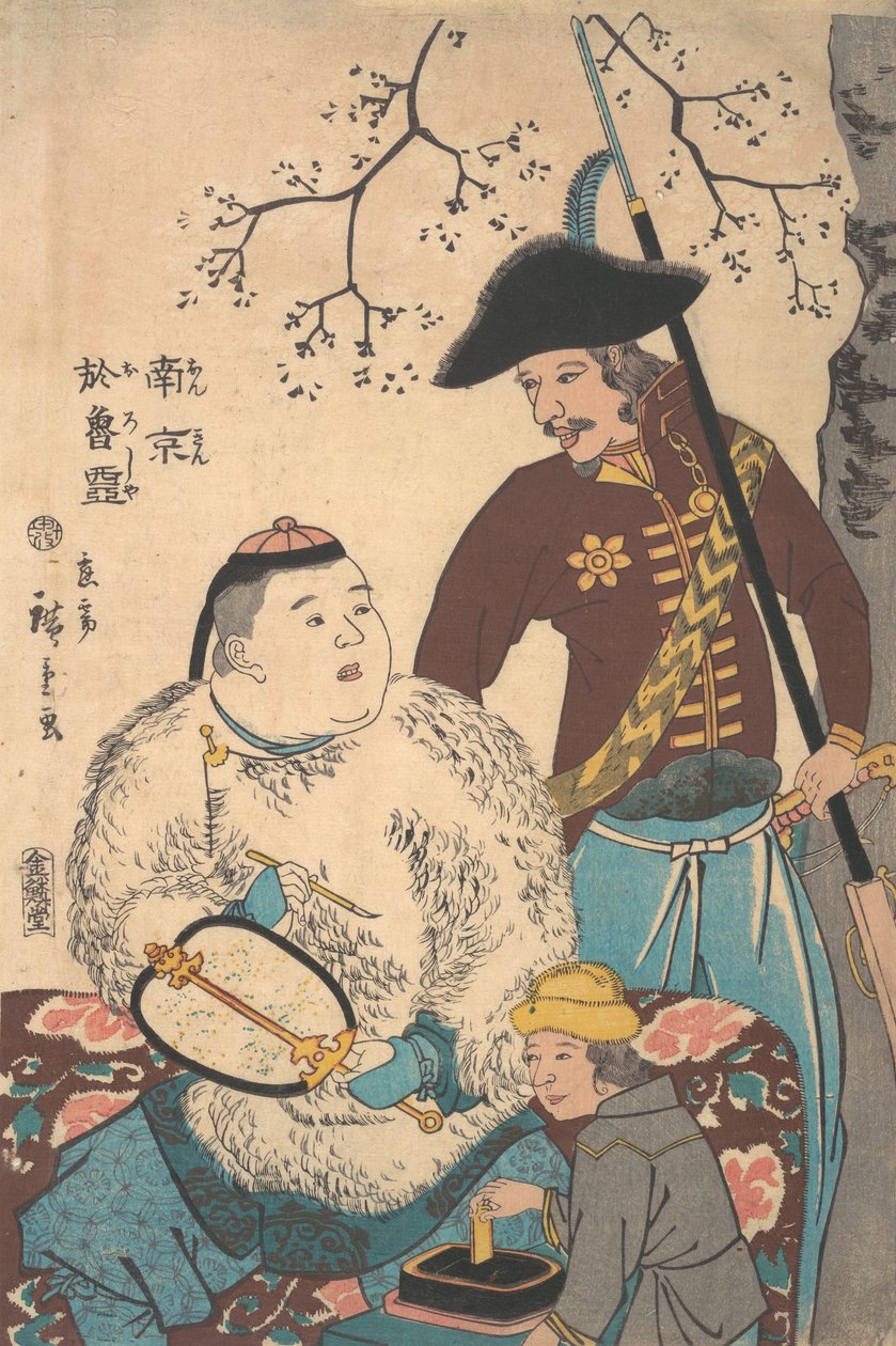 Rusové a Číňané píšící vějíře, 12. měsíc, 1860. od Utagawa Hiroshige II
