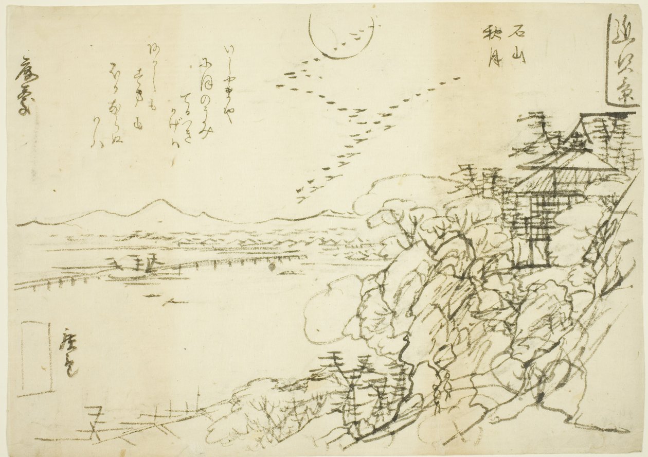 Skica pro podzimní měsíc v chrámu Ishiyama (Ishiyama no shugetsu), ze série „Osm pohledů v provincii Omi (Omi hakkei)“ od Utagawa Hiroshige II