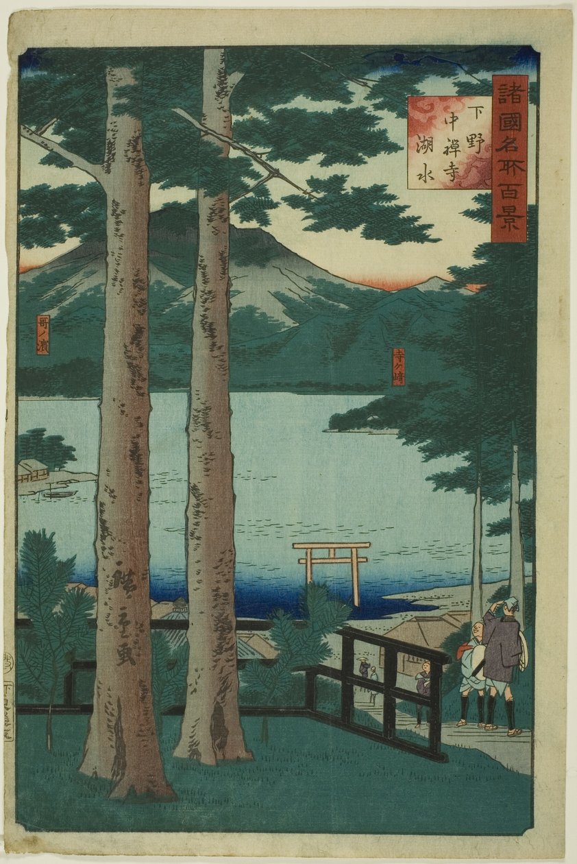 Jezero v Chuzenji v provincii Shimotsuke (Shimotsuke Chuzenji kosui), ze série „Sto slavných pohledů v různých provinciích (Shokoku meisho hyakkei)“ od Utagawa Hiroshige II