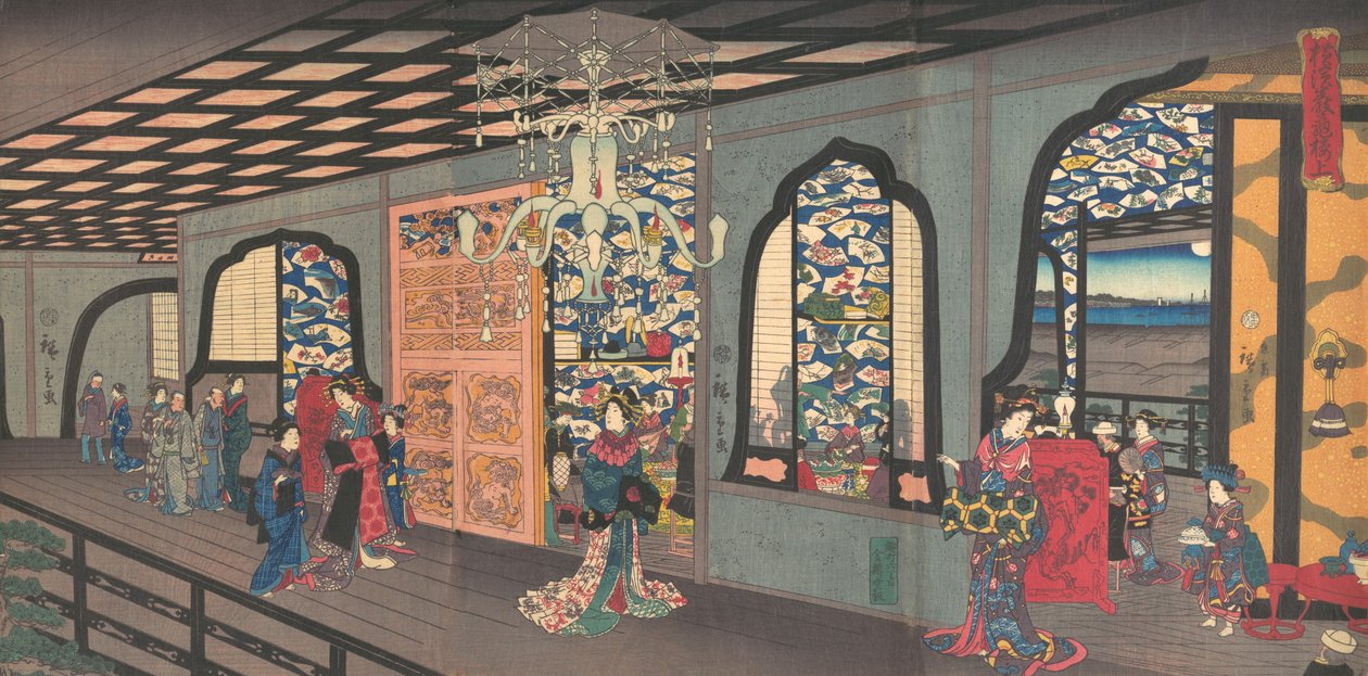 Horní patro čajovny Gankiro v Jokohamě, 4. měsíc, 1860. od Utagawa Hiroshige II