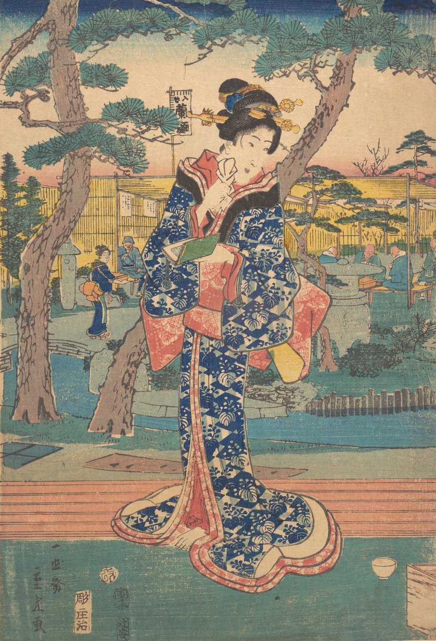 Mladá dívka v čajovně v Iriya, polovina 19. století. od Utagawa Hiroshige II