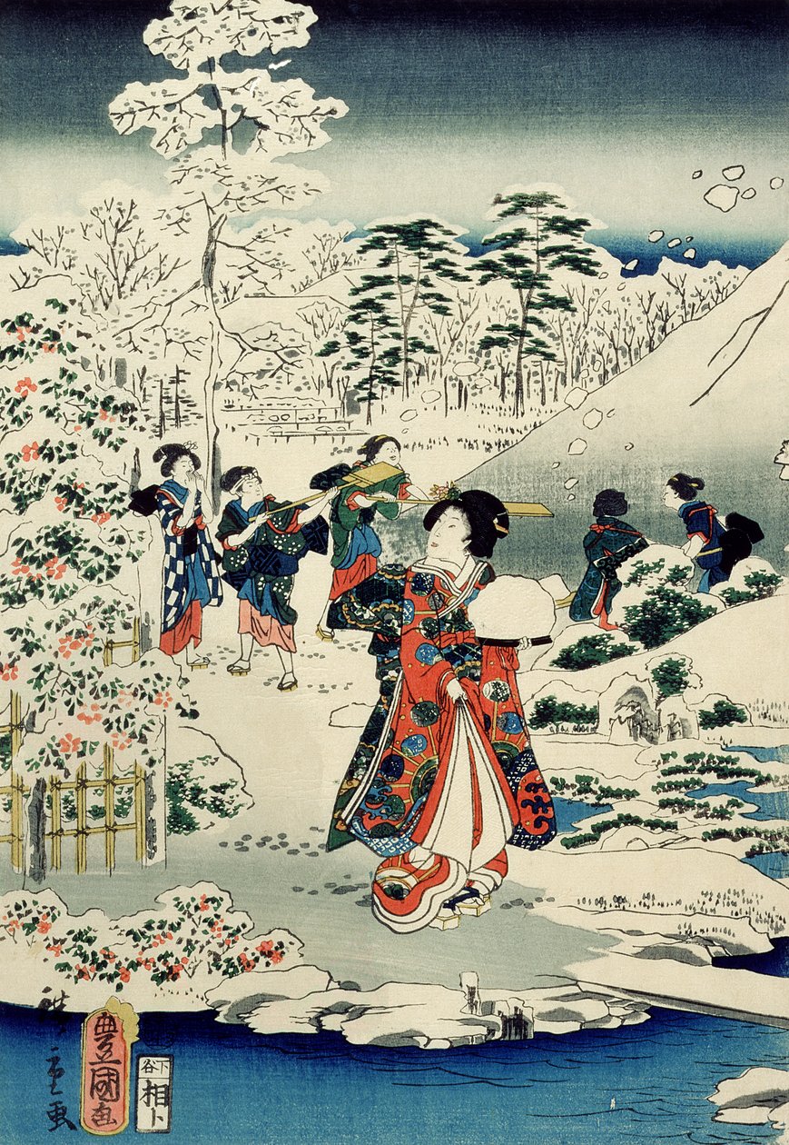 Pokojské v zasněžené zahradě od Utagawa and Hiroshige II Utagawa Kunisada