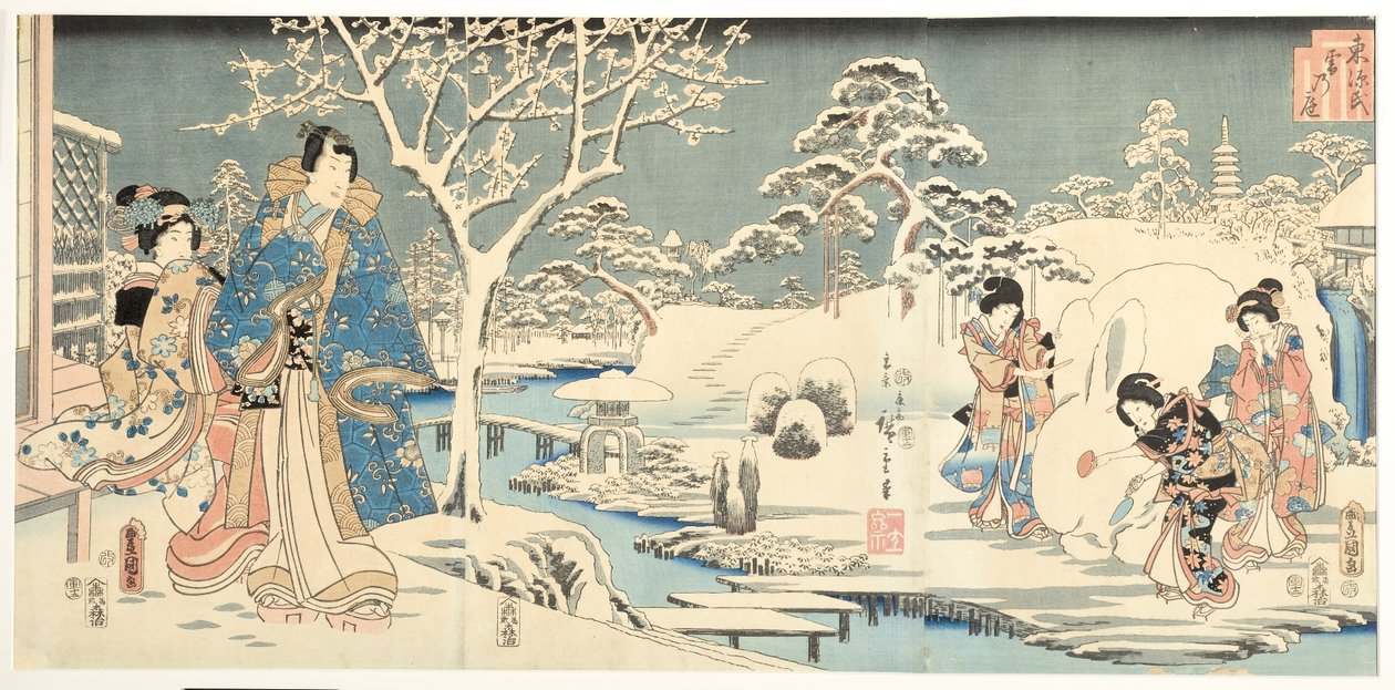 Východní Genji v zasněžené zahradě, 1854 (woodblock) od Utagawa Hiroshige and Kunisada
