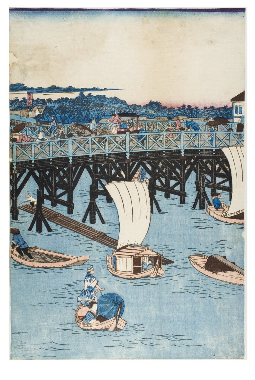 Slavná místa v Tokiu, skutečný pohled na most Rjogoku od Utagawa II Hiroshige