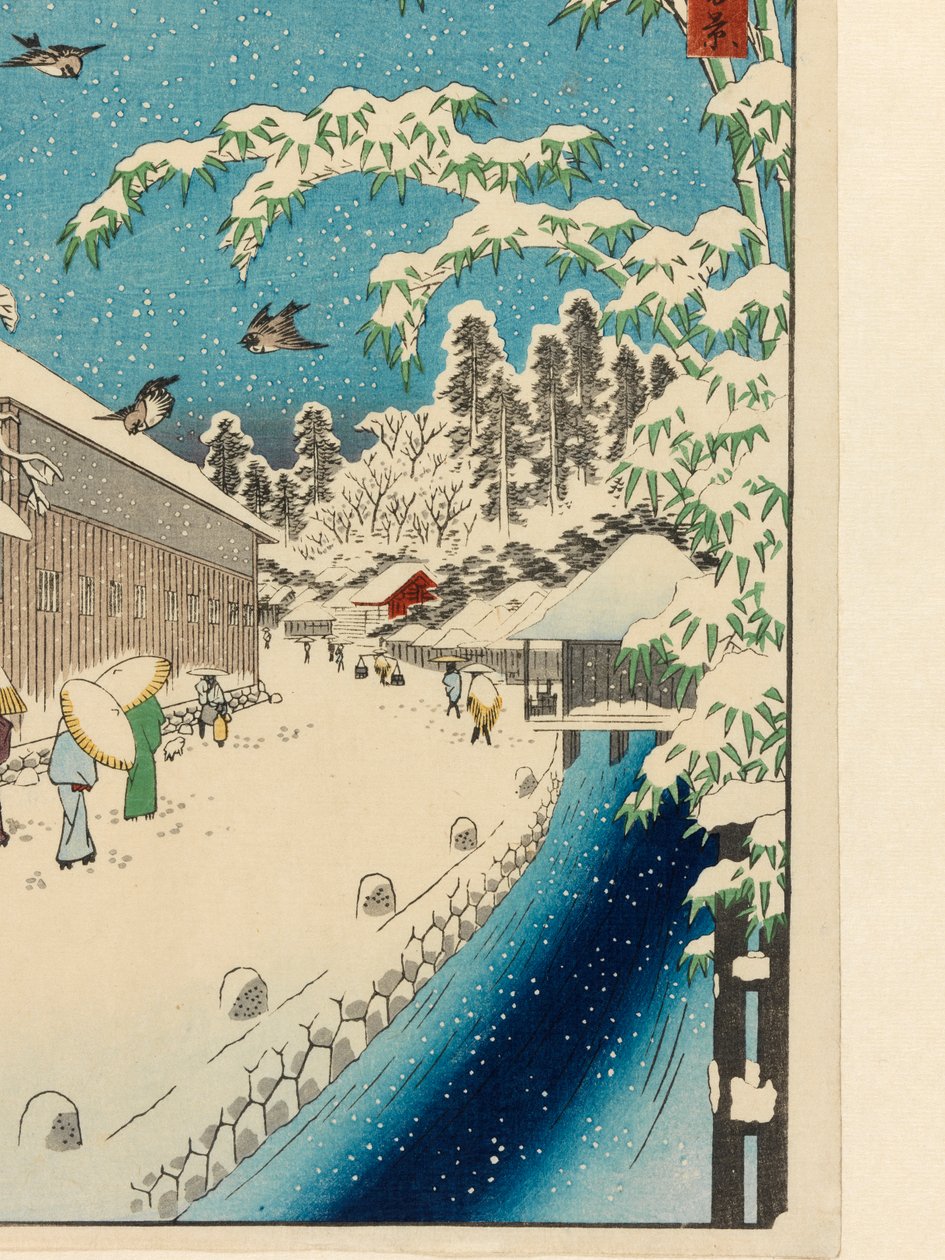 Atagoshita a Yabu Lane (Atagoshita Yabukôji), před rokem 1858 (barevný tisk z dřevěných bloků, se slídovými vločkami a potiskem tkanin) od Utagawa I Hiroshige