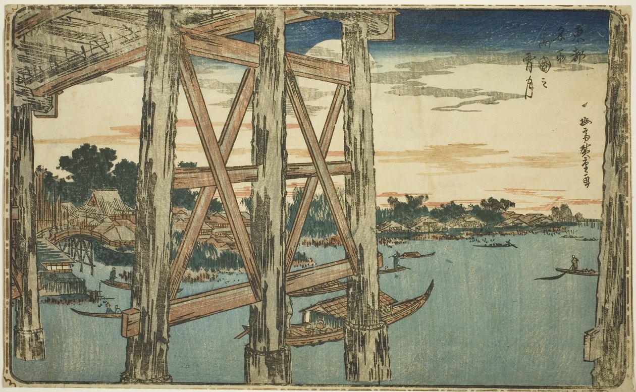 Soumrak na mostě Ryogoku (Ryogoku no yoizuki), kolem roku 1831 (barevný dřevořez; oban) od Utagawa I Hiroshige
