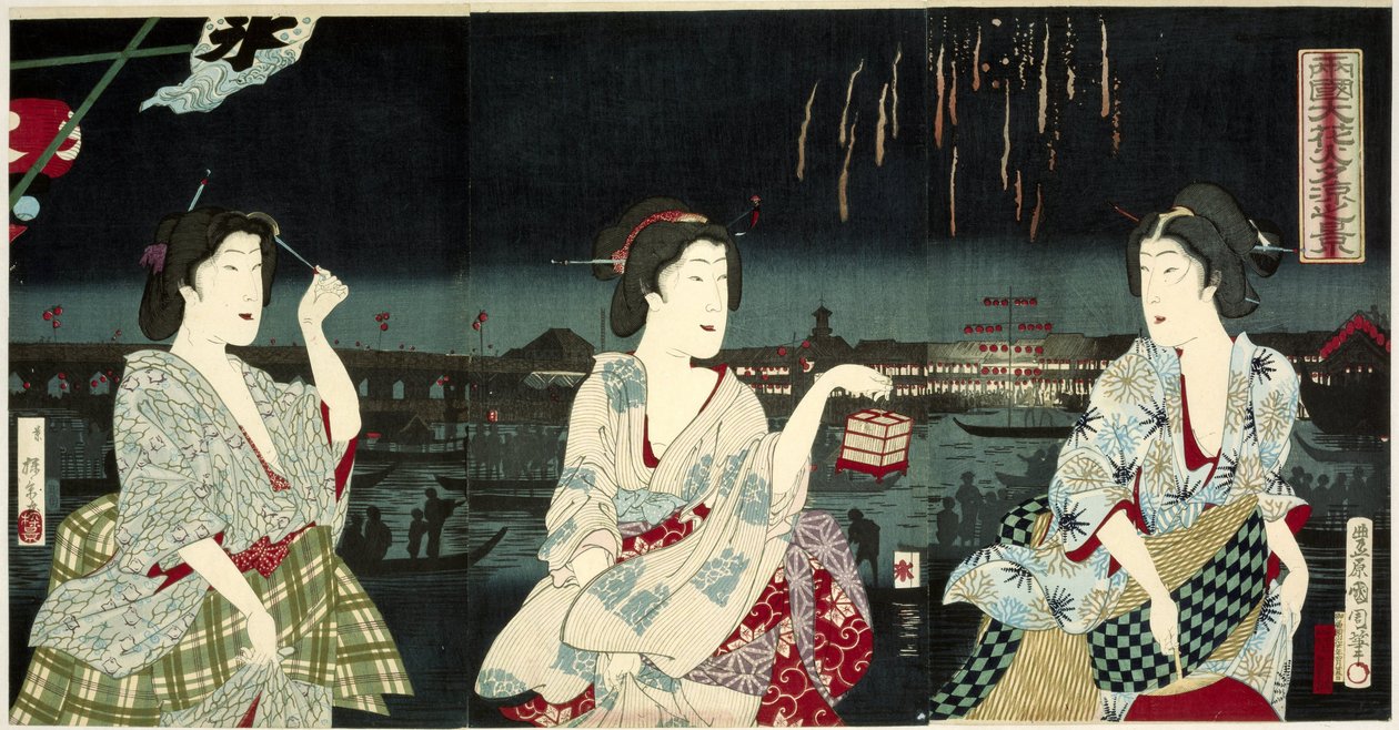 Užívejte si večerního vánku během ohňostroje v Rjogoku Ryogoku hanabi yusuzumi no kei (název na objektu) od Utagawa Kunichika