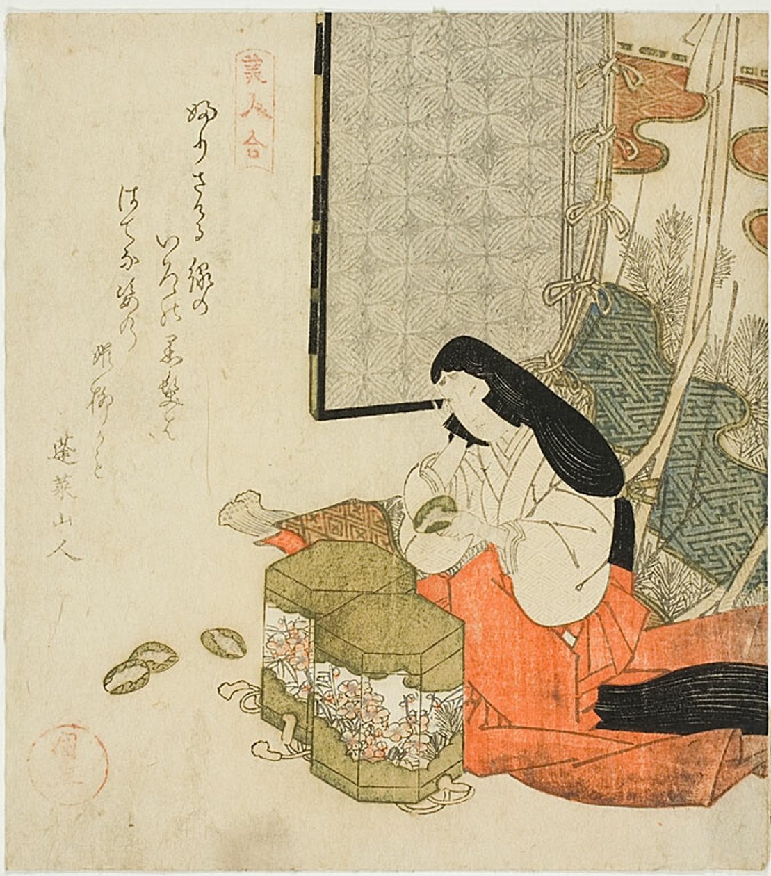 Dvorní dáma hrající hry s mušlemi (Kaiawase), ze série "Soutěž krásek (Bijin awase)" od Utagawa Kuninao