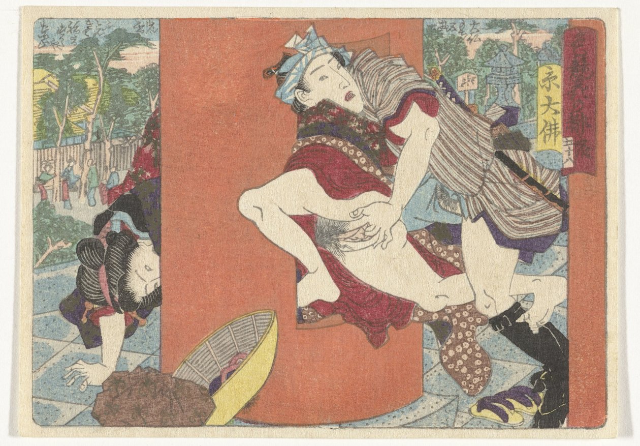 Setkání v chrámu Erotická cesta do hlavního města (název série) od Utagawa Kunisada (I) (attributed to)
