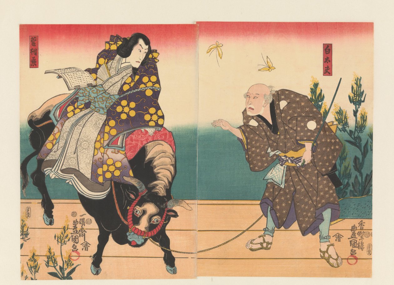 Farmář doprovází dvořana na černém volovi od Utagawa Kunisada (I)