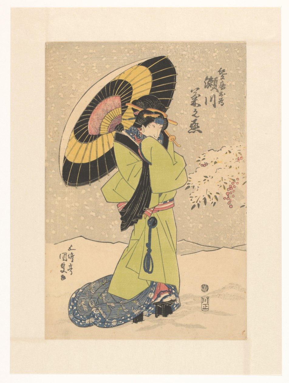 Konkubína Mekame ve sněhu s deštníkem od Utagawa Kunisada (I)