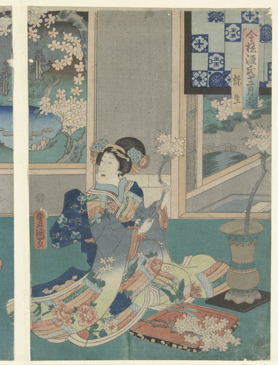 Třetí měsíc Yayoi (název na objektu) Moderní příběhy Genji během dvanácti měsíců (název série) Imayo Genji junikagetsu no uchi (název série na objektu) od Utagawa Kunisada (I)