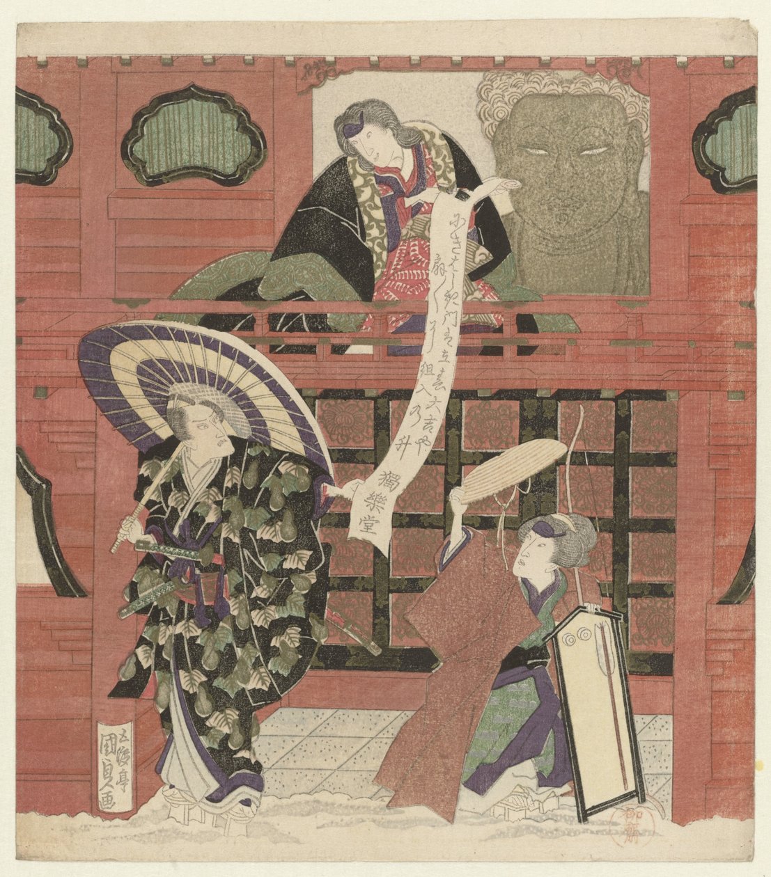 Tři herci u brány chrámu od Utagawa Kunisada (I)