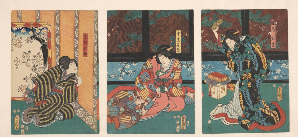 Scéna z hry Play The Mirror Mountain Ohatsu špioni se hádají mezi dvorními dámami od Utagawa Kunisada (I)