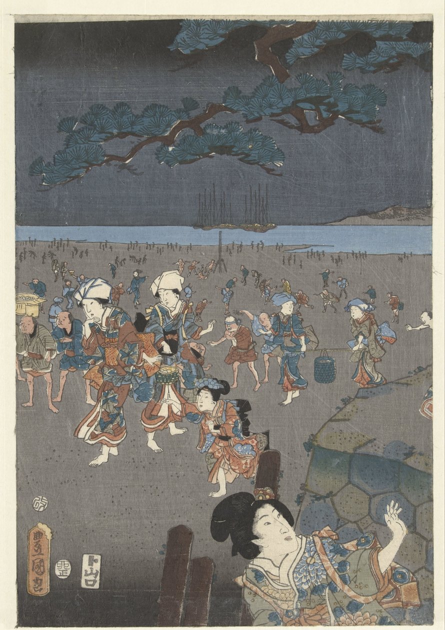 Sbírání mušlí na pláži Akashi Akashi no ura shiogari no zu od Utagawa Kunisada (I)