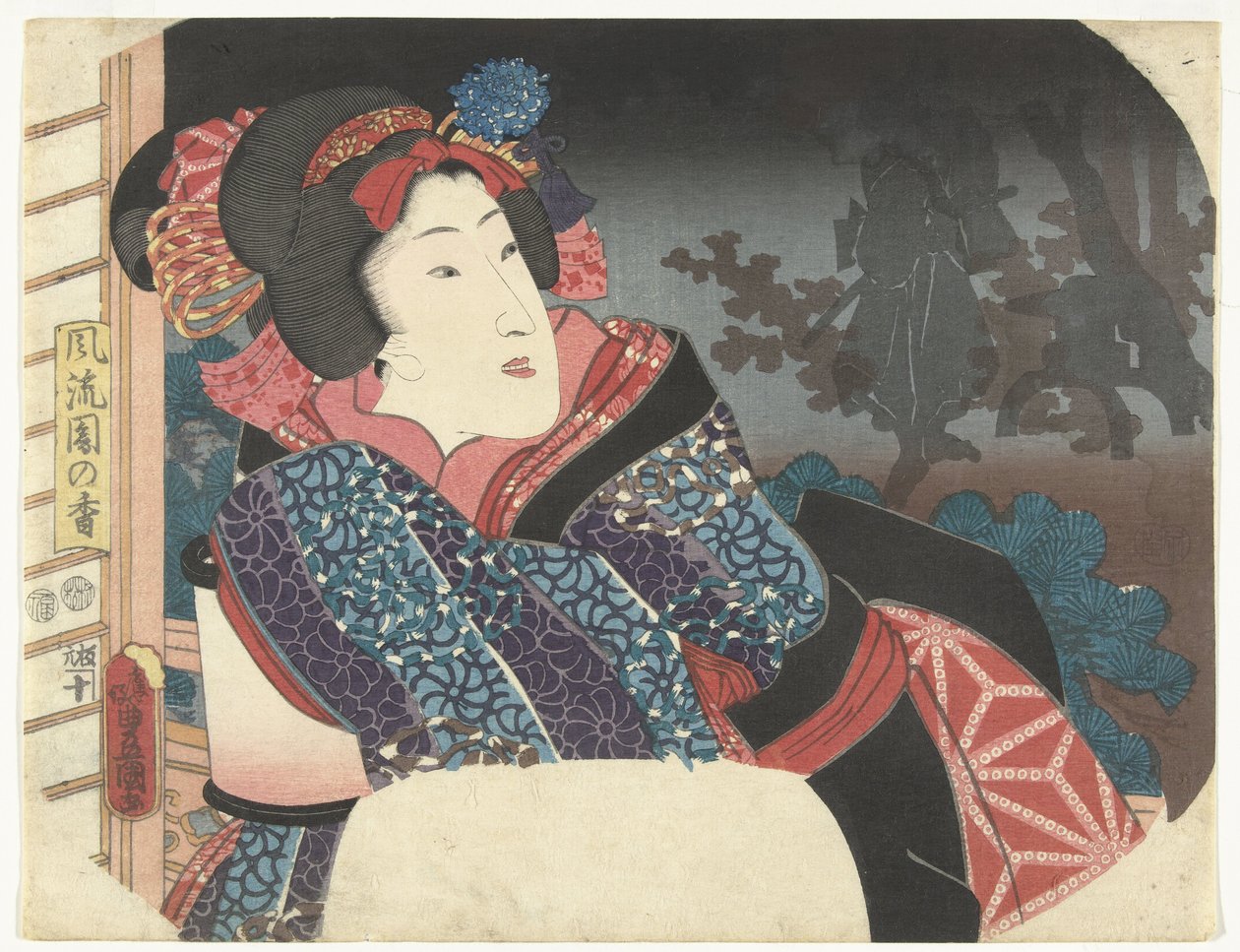 Žena pokrývá lucernu s kimonem Výběr elegantních zahrad (název série) Furyu sono no ko (název série na objektu) od Utagawa Kunisada (I)