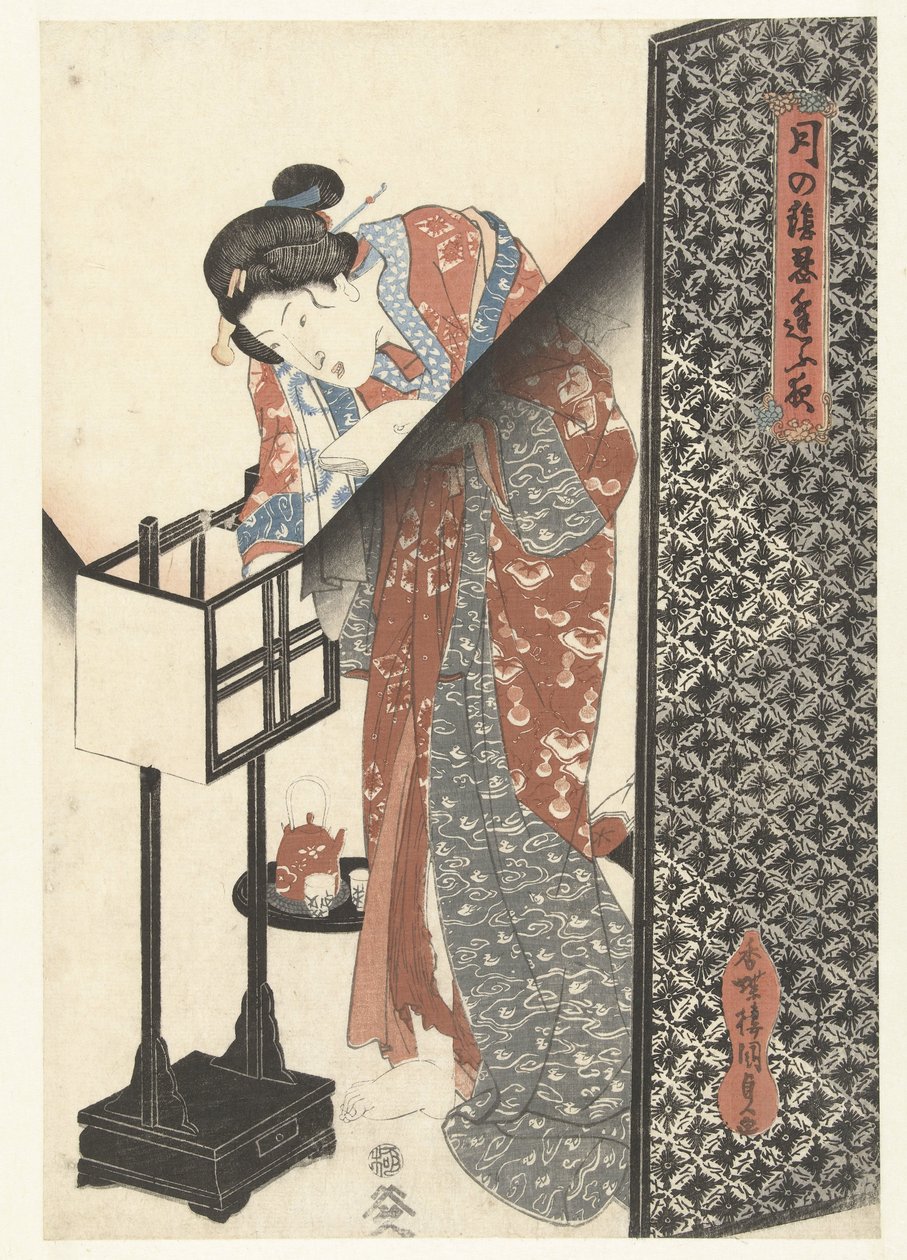 Žena u lampy Secret Nighttime Dates by Moonlight (název série) Tsuki no kage shinobiau yoru (název série na objektu) od Utagawa Kunisada (I)