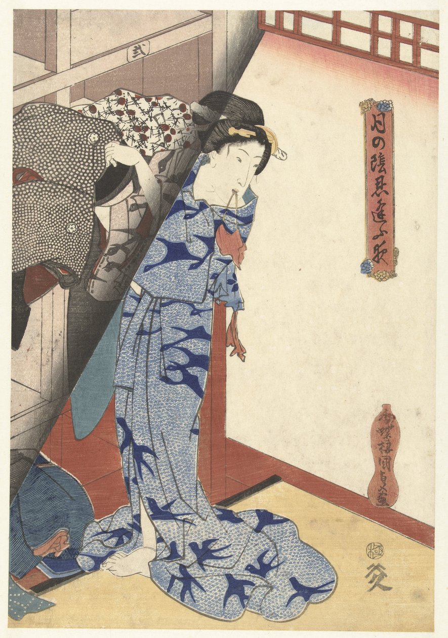 Žena odkládá kimono Secret Nighttime Dates by Moonlight (název série) Tsuki no kage shinobiau yoru (název série na objektu) od Utagawa Kunisada (I)
