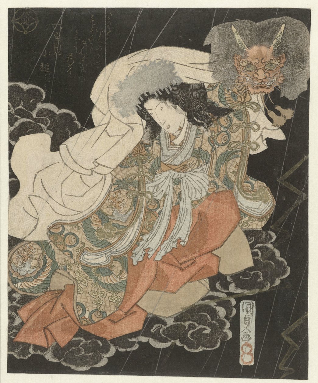 Žena s maskou démona mezi mraky od Utagawa Kunisada (I)