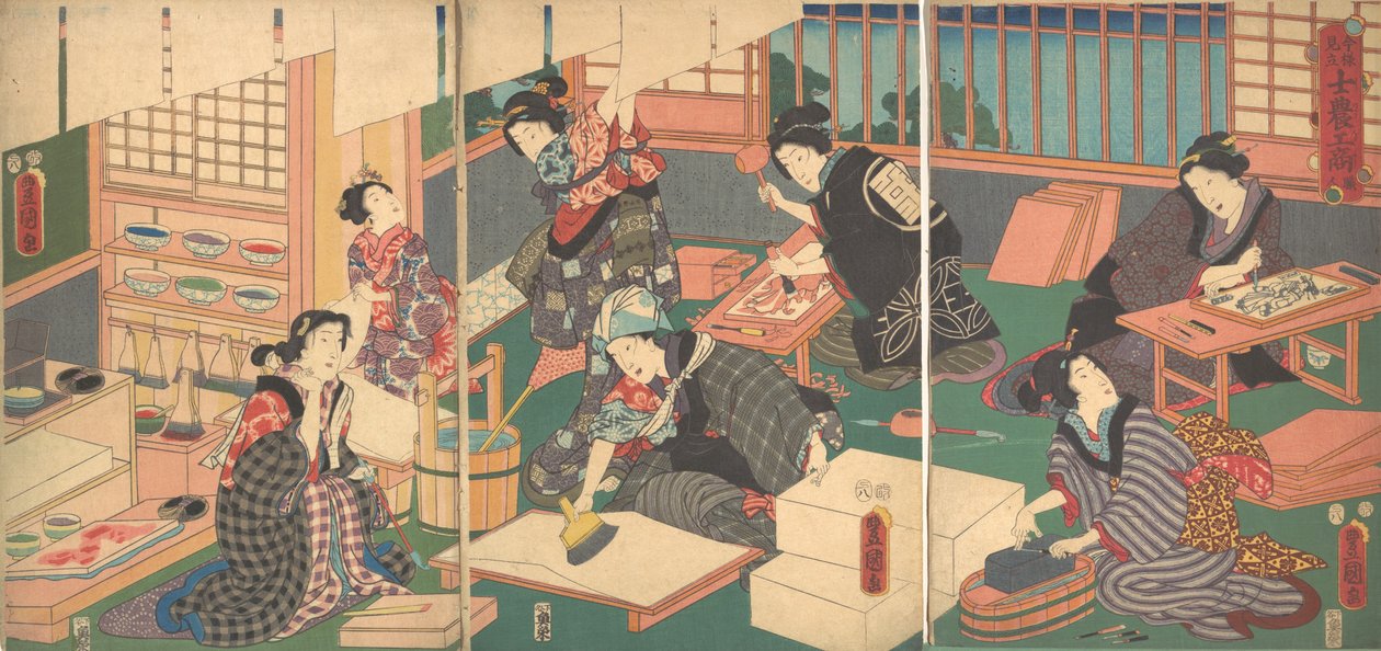 Řemeslníci, ze série Aktuální parodie čtyř tříd, 19. stol., 19. stol. od Utagawa Kunisada