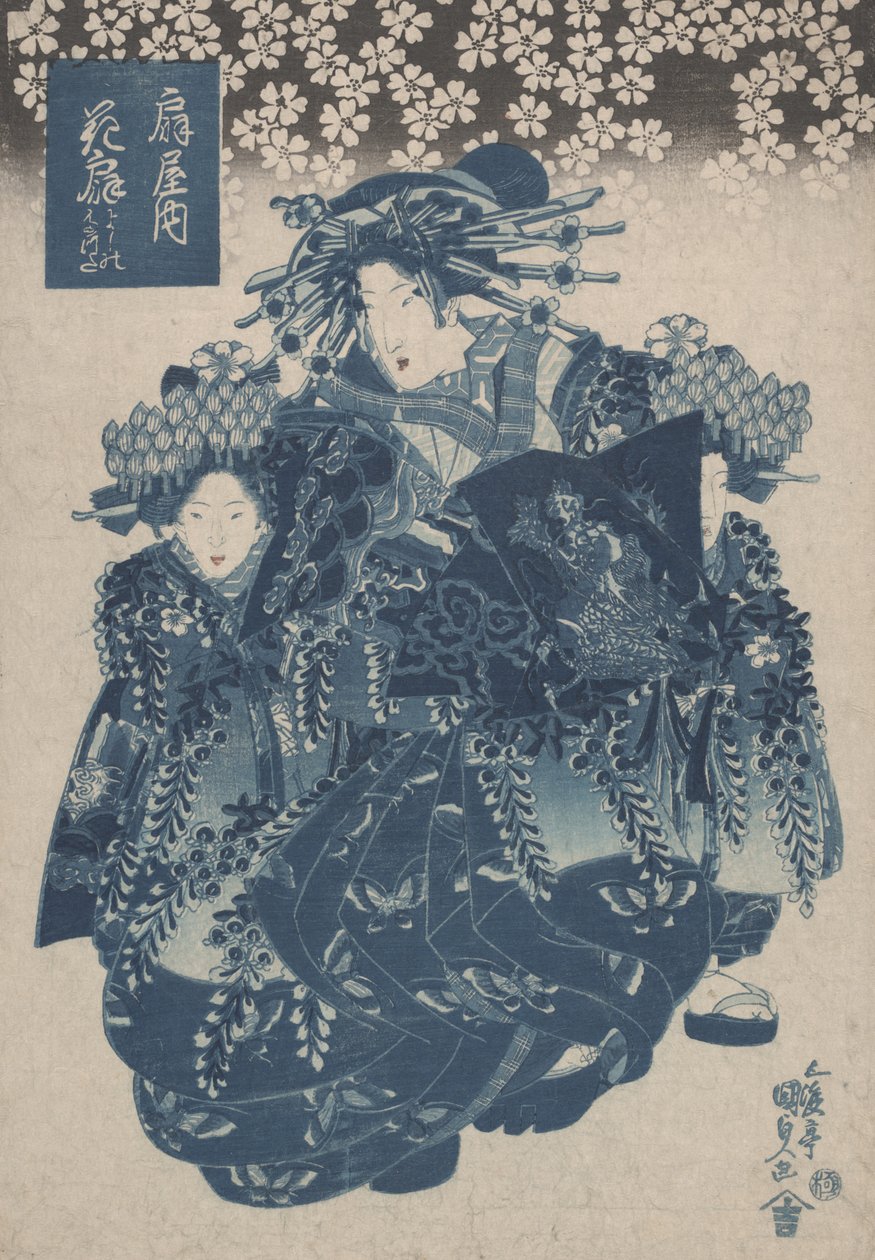 „Hanaogi of the Ogiya, Kamuro Yoshino and Tatsuta“ ze série kurtizán vytištěných modře od Utagawa Kunisada