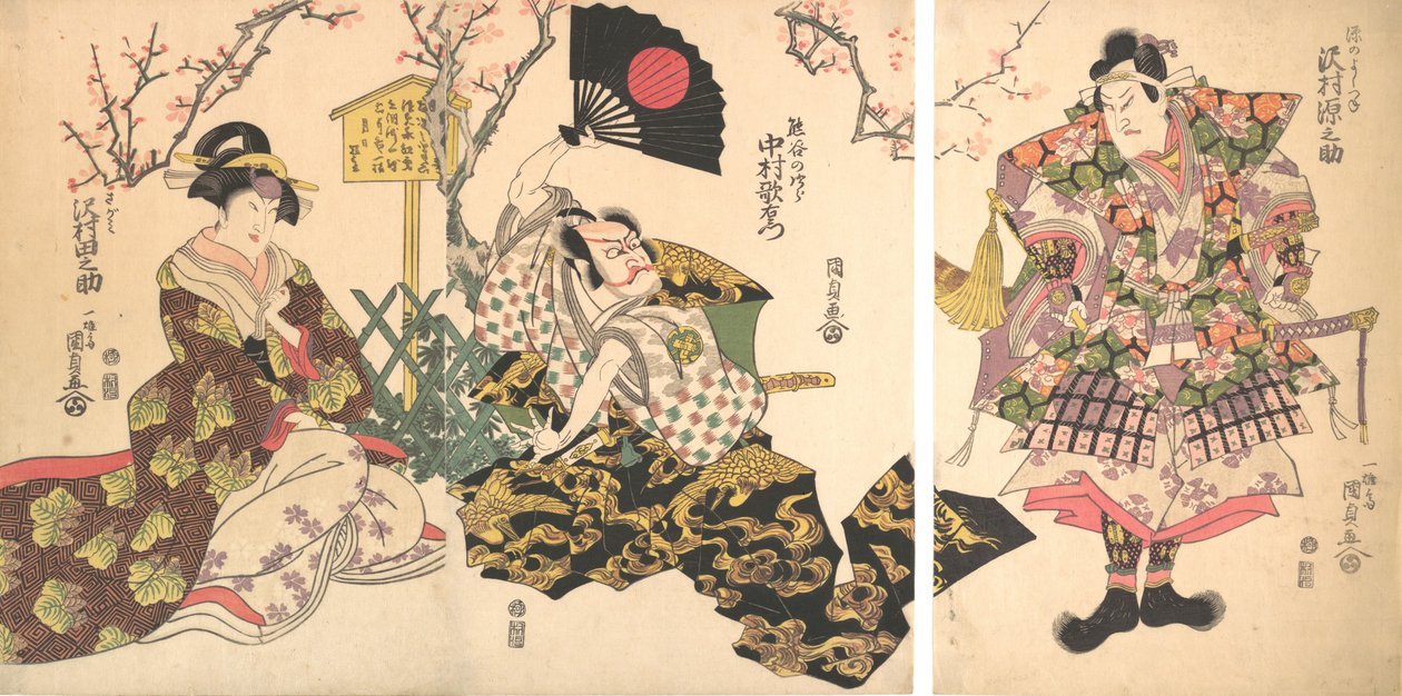 Kabuki scéna v táboře Kumagai, ze hry Kronika bitvy u Ichinotani I..., 1811. od Utagawa Kunisada