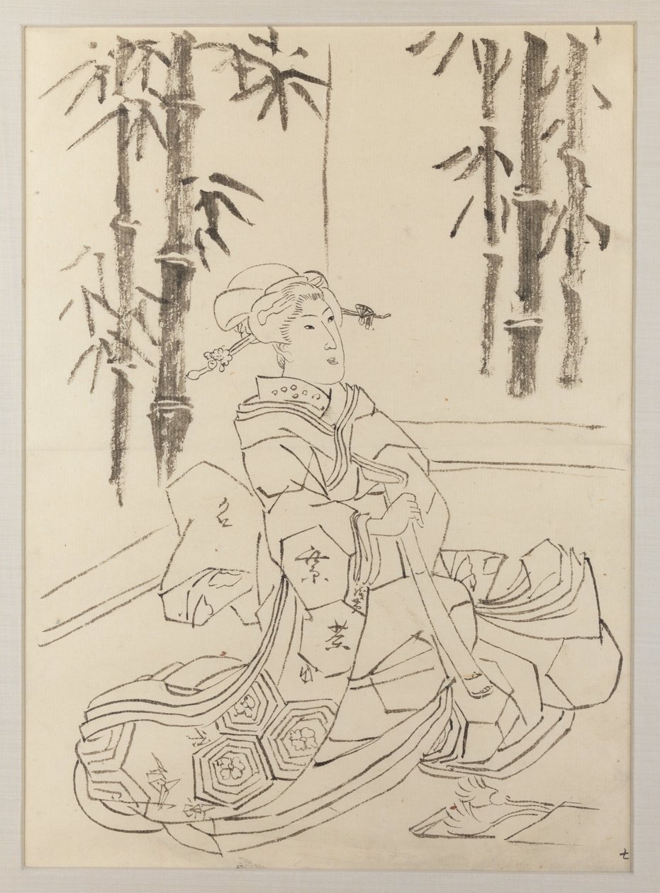Přípravná kresba pro levý list triptychu Elegantní dívčí instrumentální trio od Utagawa Kunisada