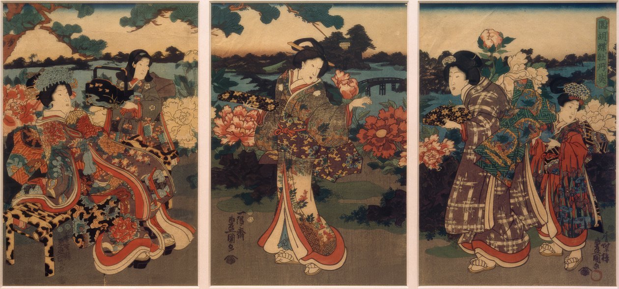 Motýli a pivoňky od Utagawa Kunisada