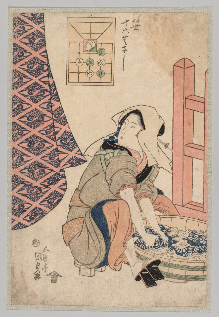 Sedící žena praní prádla v dřevěné vaně od Utagawa Kunisada
