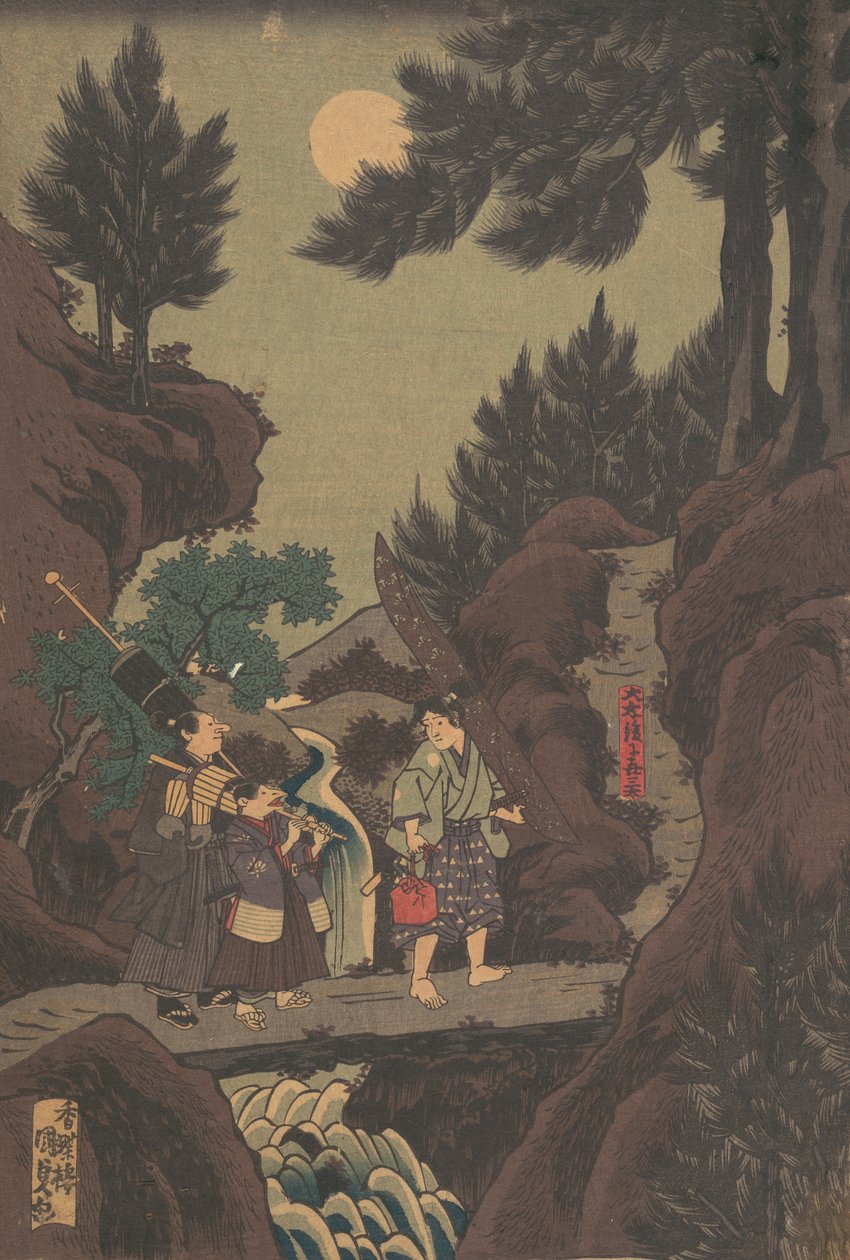 Shanao [Yoshitsune] se učí bojová umění v Sojogatani Shanao Sojogatani ni h ..., éra 30. let 19. století Tenpô. od Utagawa Kunisada