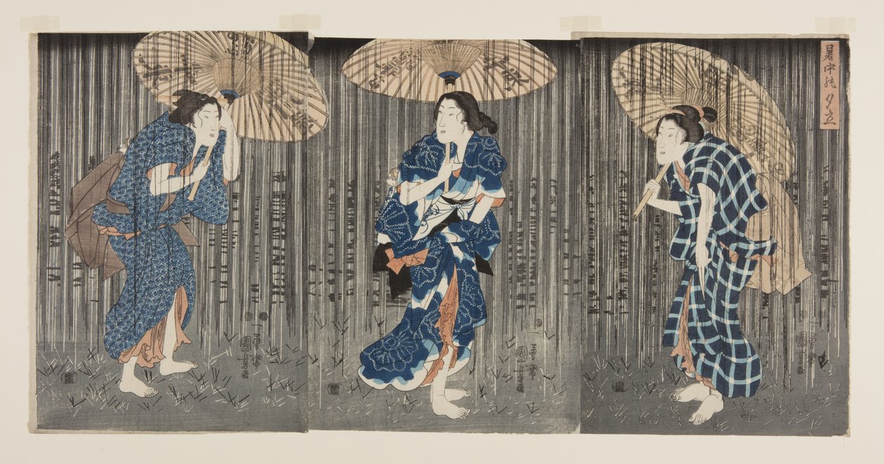 Náhlá sprcha v letním horku (Shochu no yudachi) (barevný dřevotisk) od Utagawa Kunisada