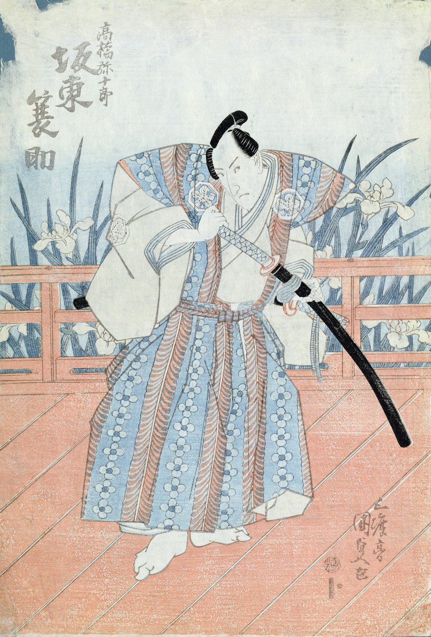 Herec Bando Tokuke jako Takahastu Yajuro, samuraj (dřevěný tisk) od Utagawa Kunisada
