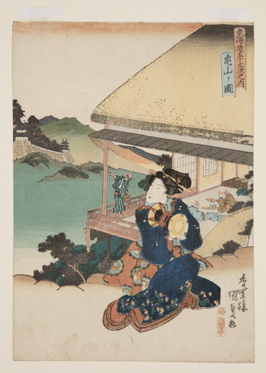 Pohled na Kameyama (Kameyama no zu) (barevný dřevotisk) od Utagawa Kunisada