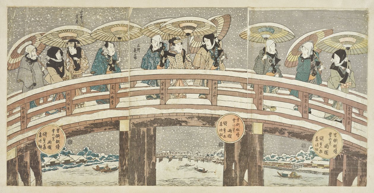 Zimní scéna se slibným průvodem herců od Utagawa Kunisada